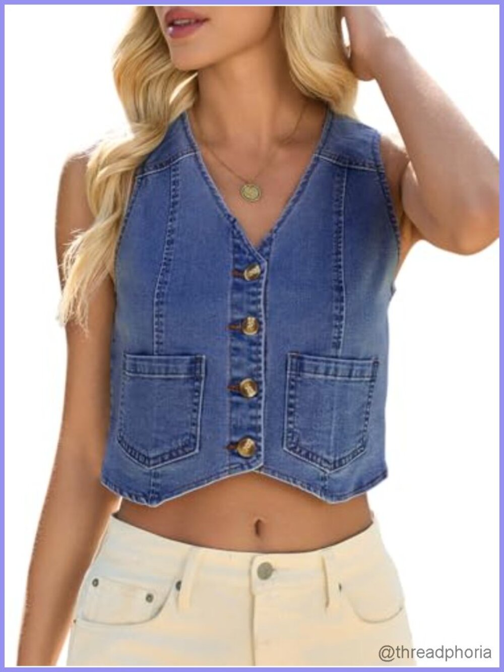 Women's Sleeveless V Neck Button Down Denim Vest Crop Jacket with Pockets Y2K